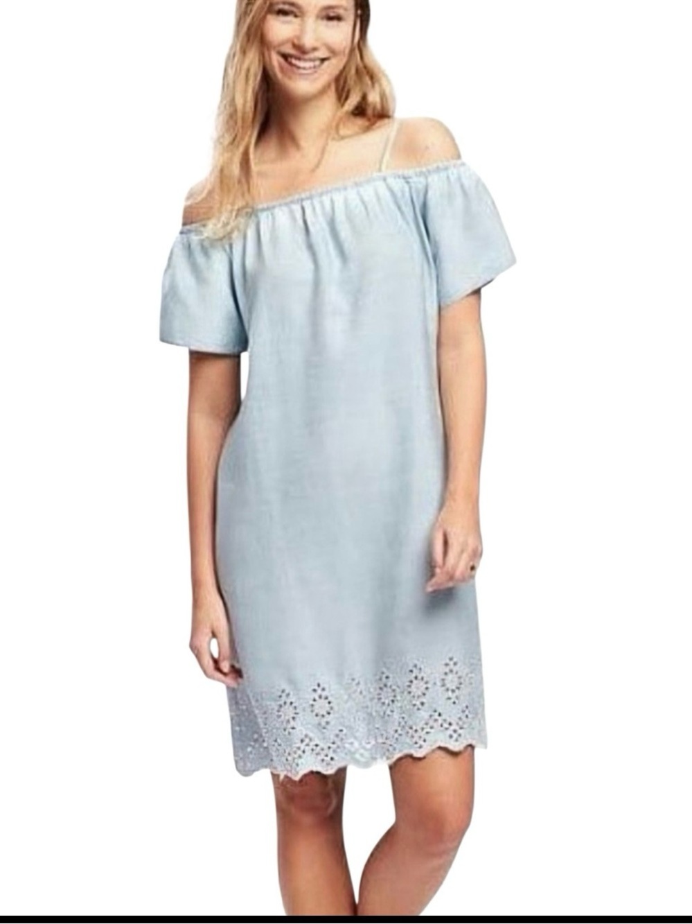 Old Navy Light Blue Denim Off-Shoulder Midi Dress with Eyelet Hem